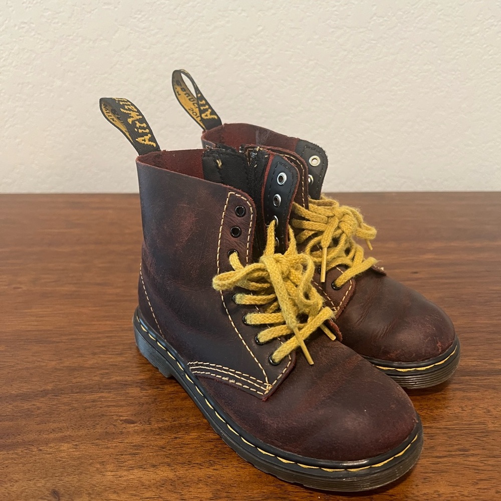 Dr. Martens Kids Brown Leather Combat Boots with Yellow Laces